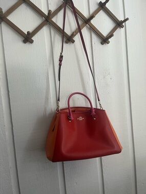 Coach Colorblock Leather Satchel in Red and Orange with Pink Handles